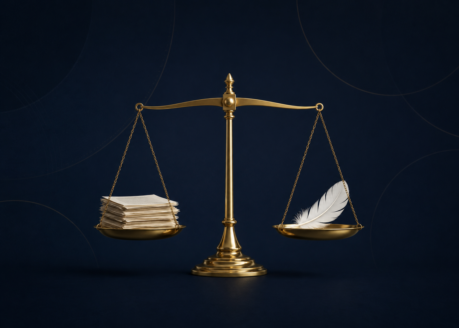 Gold balance scale holding legal documents on one side and a feather on the other